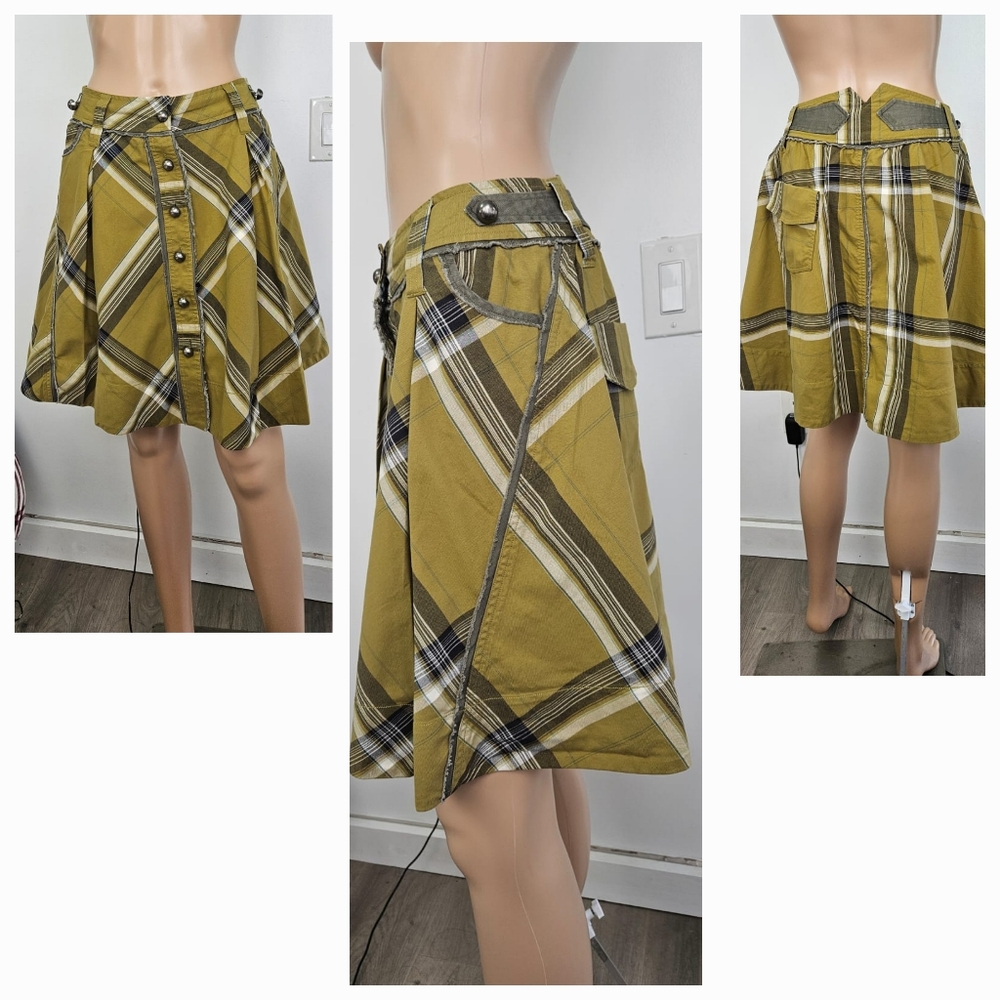 Anthropologie FEI Olive Green Plaid Button Front Flare A-Line Mini Skirt Size 0
